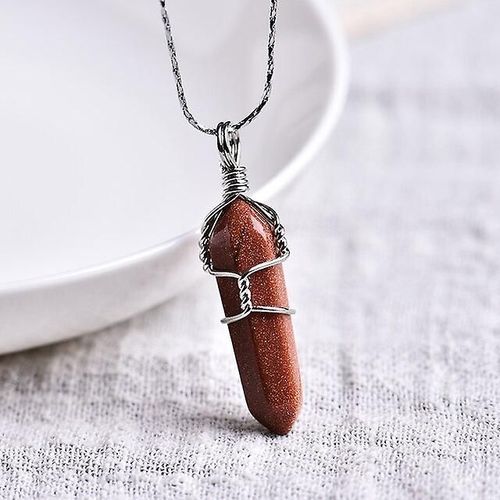 1pc Cristal Naturel Minéral Ornement Cristal Améthyste Pendentif Tricoté Pendentif Collier Avec Pendentif Cadeau Bijoux Couleur Marron Sable
