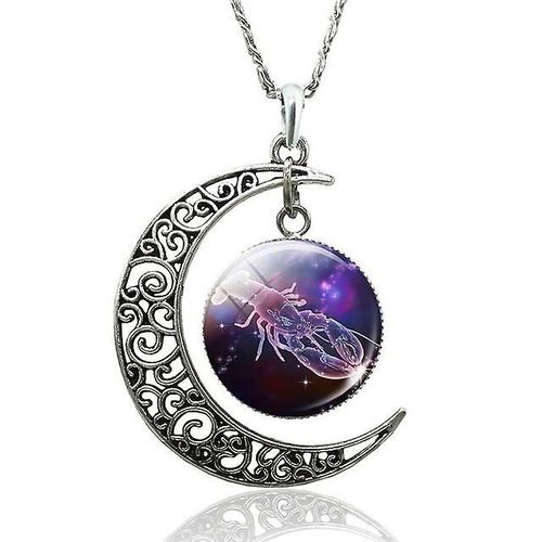 Collier De 12 Constellations Signes Du Zodiaque Verre Cabochon Boucle D'oreille Lune Croissante Clavicule Chaîne Cadeau D'anniversaire Collier Pour Femme-Taille 47 Cm 47 Cm Couleur Cancerstyle 1