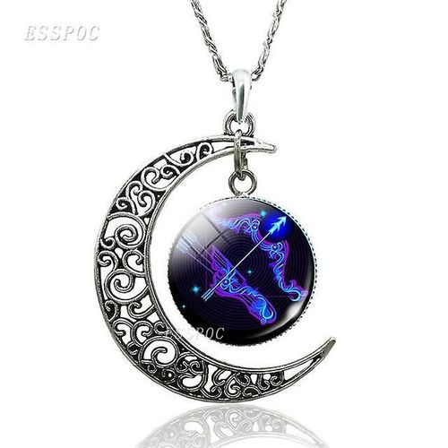 Collier De 12 Constellations Signes Du Zodiaque Verre Cabochon Boucle D'oreille Lune Croissante Clavicule Chaîne Cadeau D'anniversaire Collier Pour Femme-Taille 47 Cm 47 Cm Couleur Sagittairestyle 2