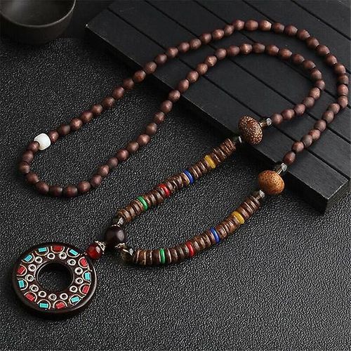 Collier Unisexe Fait Main Népal Bouddhiste Mauvais Pendentif Perles Bois Et Collier Ethnique Corne De Poisson Longue Déclaration De Femmes Bijoux Couleur E