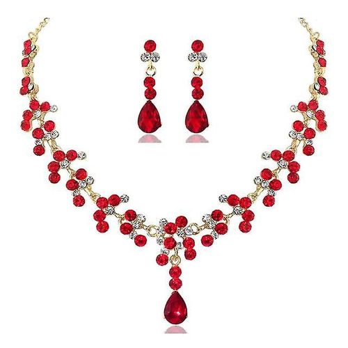 Ensemble De Bijoux De Mariage En Cristal Pour Femme, Couleur Or, Collier Imitation Diamant, Ensemble De Boucles D'oreilles Longues, Accessoires Pour Robe De Demoiselle D'honneur, Couleur Rouge