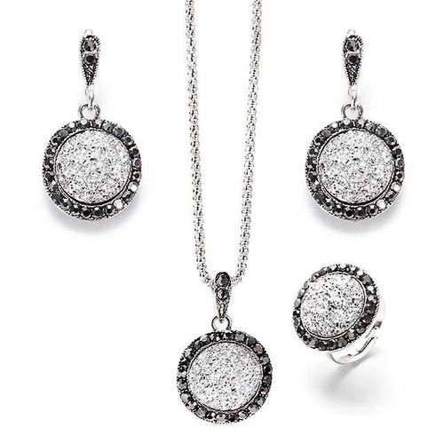 1 Collier Vintage En Strass Couleur Argent, Boucles D'oreilles, Bracelet, Bague Pour Femmes, Pierre Cassée Noire, Ensembles De Bijoux De Mariage, Couleur F1292