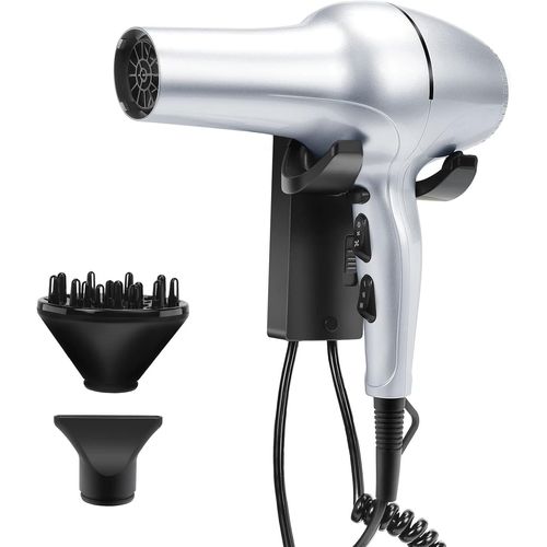 CLICKSELL-Sèche-Cheveux Mural,Seche Cheveux Ionique Professionnel,1 Diffuseur 1 Buse,Fixation Murale,Moteur Ac 2200W Pour Hôtel,Salon,Argent