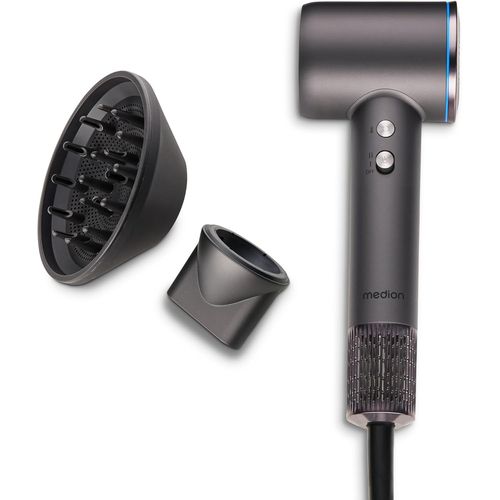 CLICKSELL-Hd1 Sèche-Cheveux (Technologie Ionique, 1.600 Watts, Embouts Magnétiques Diffuseur & Buse De Styling, Moteur Bldc Longue Durée, Lumière Annulaire Led, Long Cordon D'Alimentation) Gris