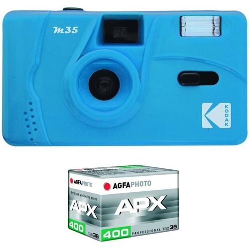 CLICKSELL-Pack M35 Argentique + Pellicule 100 Asa - Appareil Photo Rechargeable 35Mm Cerulean Blue, Objectif Grand Angle Fixe, Viseur Optique , Flash Intégré + Pellicule Apx 100, 36 Poses