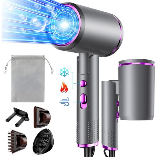 Clicksell-Seche Cheveux Pliable, 2400w Sèche-Cheveux Ionique Avec Diffuseur, Professionnel Hair Dryer, 3 Températures/3 Vitesses, Bouton Chaud/Froid, Pour Famille Voyage Salons De Coiffure(Gris Violet) 
