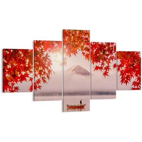 Moderne Impression sur Toile volcan lac Image Tableau Decoration Murale Deco Cadre Décoration Salon Chambre Cuisine Triptyque 5 parties Tableaux Decoratifs Mur 100 x 55 cm. (sans cadre)