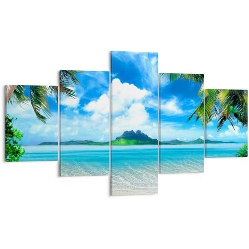 Moderne Impression sur Toile Plage vacances île palmier Image Tableau Decoration Murale Deco Décoration Salon Chambre Triptyque 5 parties Tableaux Decoratifs M 100 x 55 cm. (sans cadre)