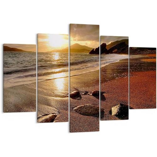 Moderne Impression sur Toile Image Tableau Decoration Murale Plage nuages soir côte Tableaux Decoratifs Muraux Chambre Triptyque 5 parties Deco Décoration Salo 100 x 55 cm. (sans cadre)