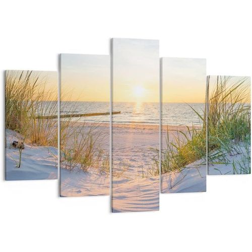 Moderne Impression sur Toile Image Tableau Decoration Murale dune plage mer Grand Tableaux Decoratifs Muraux Chambre Triptyque 5 parties Deco Cadre Décoration 100 x 55 cm. (sans cadre)