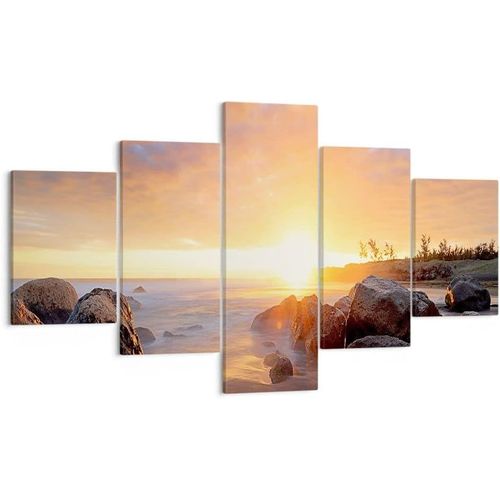 Moderne Impression sur Toile mer plage rocher Image Tableau Decoration Murale Deco Cadre Décoration Salon Chambre Triptyque 5 parties Tableaux Decoratifs Murau 100 x 55 cm. (sans cadre)
