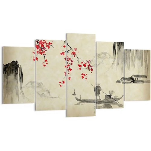 Deco Cadre Décoration Salon Fleur Cerises Japon Moderne Impression sur Toile Image Tableau Decoration Murale Chambre Triptyque 5 parties Art Wall Tableaux Deco 100 x 55 cm. (sans cadre)
