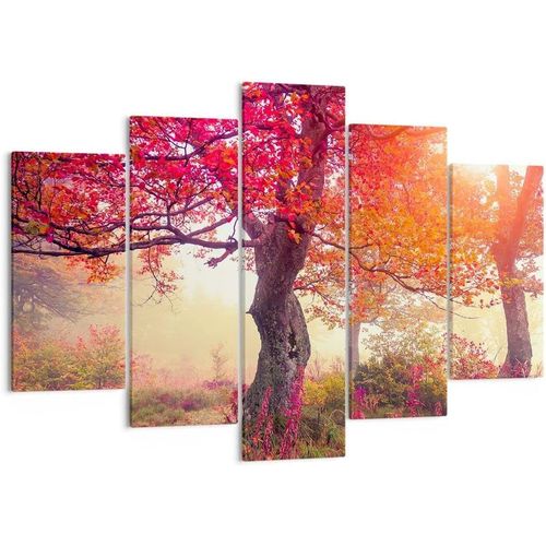 Moderne Impression sur Toile Image Tableau Decoration Murale arbre nature prairie Tableaux Decoratifs Muraux Chambre Triptyque 5 parties Deco Cadre Décoration 100 x 55 cm. (sans cadre)
