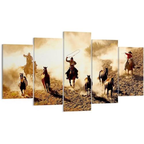 Deco Cadre Décoration Salon Cowboys chevaux galop Moderne Impression sur Toile Image Tableau Decoration Murale Chambre Triptyque 5 parties Art Wall Tableaux De 100 x 55 cm. (sans cadre)
