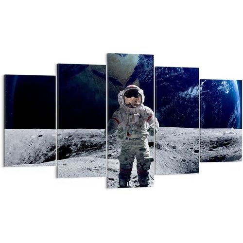 Deco Décoration Salon Astronaute Lune Terre espace Moderne Impression sur Toile Image Tableau Decoration Murale Chambre Triptyque 5 parties Art Wall Tableaux D 100 x 55 cm. (sans cadre)