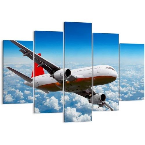 Moderne Impression sur Toile Image Tableau Decoration Murale Passager avion moteurs nuages Tableaux Decoratifs Muraux Chambre Triptyque 5 parties Décoration Sa 100 x 55 cm. (sans cadre)