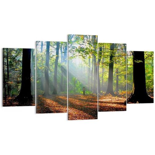 Deco Cadre Décoration Salon Forêt Feuilles Soleil Moderne Impression sur Toile Image Tableau Decoration Murale Chambre Triptyque 5 parties Art Wall Tableaux De 100 x 55 cm. (sans cadre)