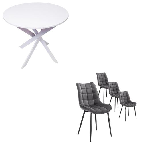 Ensemble Meubles, Lot De 4 Chaises De Salle À Manger, Chaise Tapissée, Table À Manger Ronde, Blanc Mat, Pieds Blancs