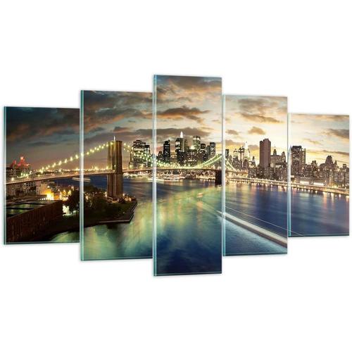 Deco Salon Amérique Architecture New York Moderne Impression sur Verre Image Tableau en Verre Decoration Murale Chambre Triptyque 5 parties Art Grand XXL Table 150 x 80 cm. (sans cadre)