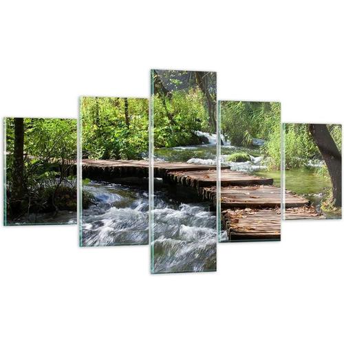 Moderne Impression sur Verre Parc nature vert arbres Image Tableau en Verre Decoration Murale Deco Cadre Salon Chambre Triptyque 5 parties Petit Tableaux Decor 150 x 80 cm. (sans cadre)