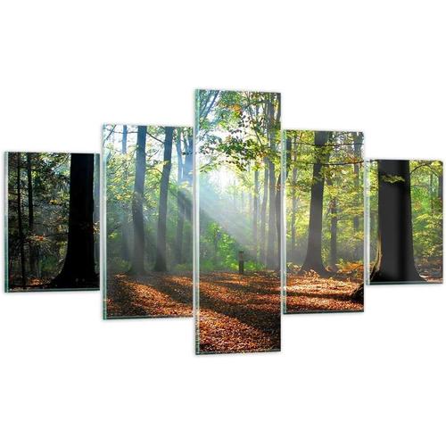 Moderne Impression sur Verre Forêt Feuilles Soleil Image Tableau en Verre Decoration Murale Deco Cadre Salon Chambre Triptyque 5 parties Petit Tableaux Decorat 150 x 80 cm. (sans cadre)