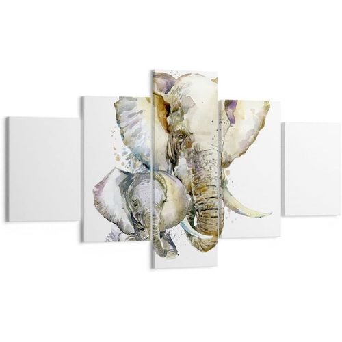 Moderne Impression sur Toile Elephants animaux safari afrique Image Tableau Decoration Murale Décoration Salon Chambre Triptyque 5 parties Tableaux Decoratifs 150 x 80 cm. (sans cadre)