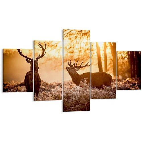 Moderne Impression sur Toile Deer bruyère animaux Image Tableau Decoration Murale Deco Cadre Décoration Salon Chambre Triptyque 5 parties Tableaux Decoratifs M 200 x 100 cm. (sans cadre)