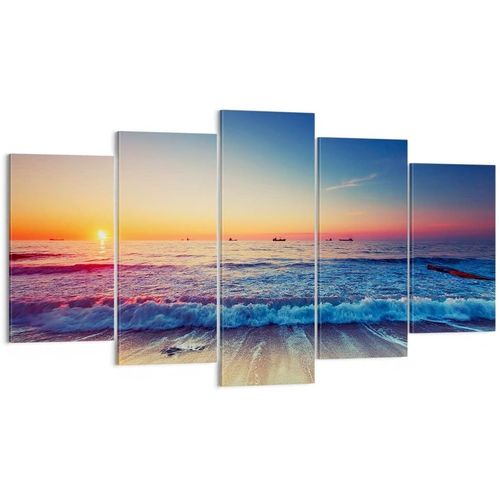 Deco Cadre Décoration Salon mer plage vague Moderne Impression sur Toile Image Tableau Decoration Murale Chambre Triptyque 5 parties Art Wall Grand Tableaux De 200 x 100 cm. (sans cadre)