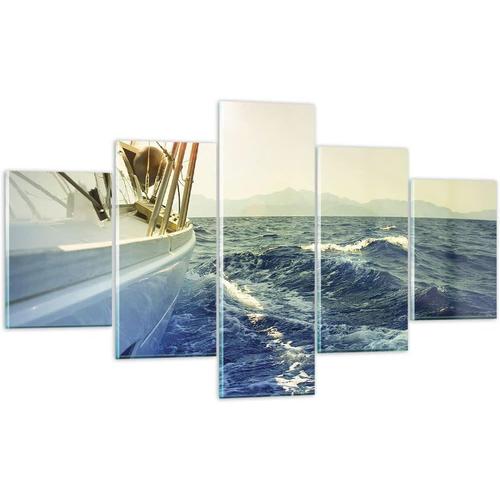 Moderne Impression sur Verre Yacht Voilier Soleil Image Tableau en Verre Decoration Murale Deco Cadre Salon Chambre Triptyque 5 parties Petit Tableaux Decorati 200 x 100 cm. (sans cadre)