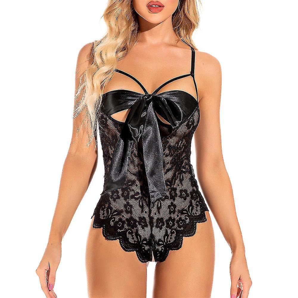 Femmes Sexy Voir À Travers La Dentelle Body Lingerie Érotique Sans Entrejambe Babydoll Vêtements De Nuit Sous-Vêtements2xlnoir