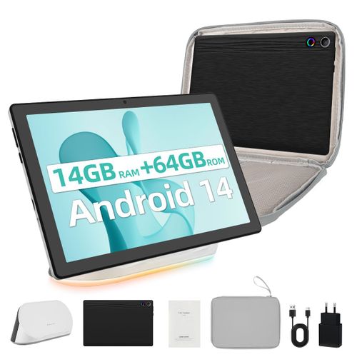 Tablette 10" Android 14 Octa-Core, 14Go RAM+64Go ROM Extensible à 1 To, 1280x800 HD, Caméra 5MP+8MP, Wi-Fi 6 BT 5.3, AI Cloud Album, avec Haut-Parleur Dock de Chargement et Sacoche d'ordinateur Gris