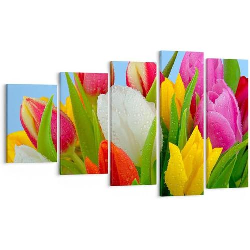 Moderne Impression sur Toile Tulipes Bouquet fleurs rosée Image Tableau Decoration Murale 100x60cm Deco Décoration Salon Chambre Triptyque 5 parties Tableaux De 200 x 100 cm. (sans cadre)