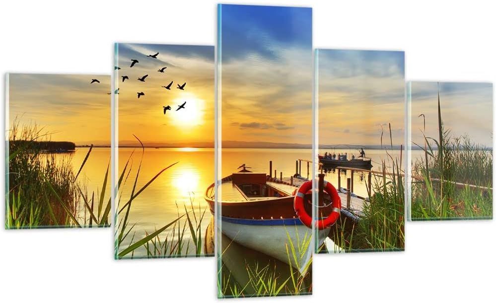 Moderne Impression sur Verre Bateau Lac Coucher de soleil l'été les gens Image Tableau en Verre Decoration Murale Deco Salon Triptyque 5 parties Petit Tableaux 200 x 100 cm. (sans cadre)