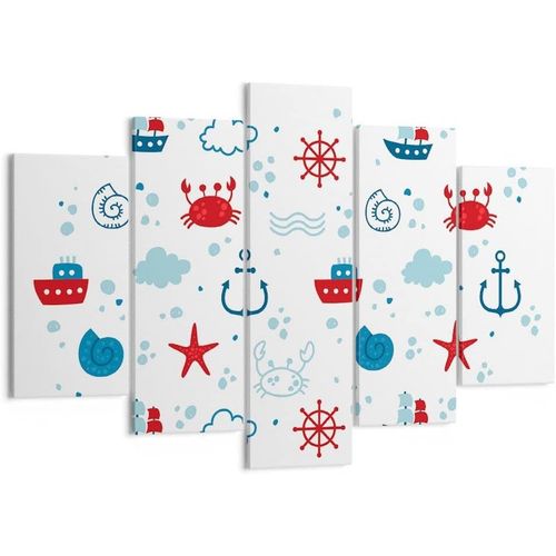 Moderne Impression sur Toile Image Tableau Decoration Murale Mer bateau ancre navire Tableaux Decoratifs Muraux Chambre Triptyque 5 parties Deco Décoration Sal 200 x 100 cm. (sans cadre)