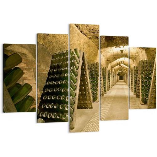 Moderne Impression sur Toile Image Tableau Decoration Murale Cave à vin bouteilles sous-sol Tableaux Decoratifs Muraux Chambre Triptyque 5 parties Décoration S 200 x 100 cm. (sans cadre)