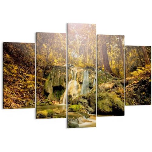 Moderne Impression sur Toile Image Tableau Decoration Murale Forêt Cascade Nature Environnement Tableaux Decoratifs Muraux Chambre Triptyque 5 parties Décorati 200 x 100 cm. (sans cadre)