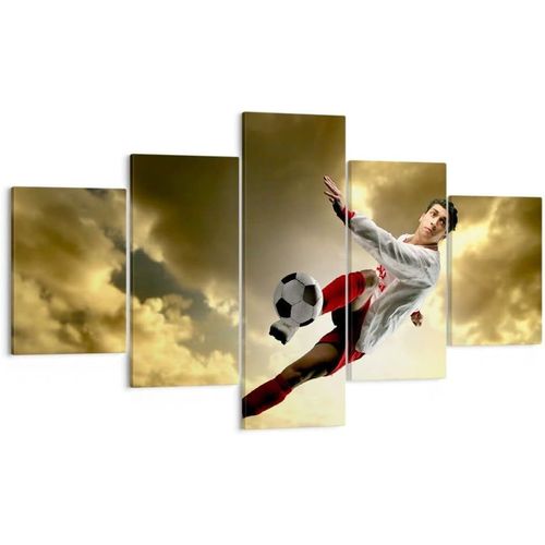 Moderne Impression sur Toile Balle garçon football formation Image Tableau Decoration Murale Décoration Salon Chambre Triptyque 5 parties Tableaux Decoratifs M 200 x 100 cm. (sans cadre)