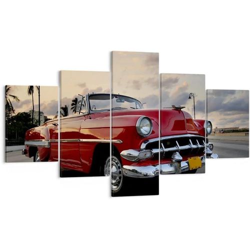 Moderne Impression sur Toile Voiture Cuba Ciel Image Tableau Decoration Murale Deco Cadre Décoration Salon Chambre Triptyque 5 parties Tableaux Decoratifs Mura 200 x 100 cm. (sans cadre)