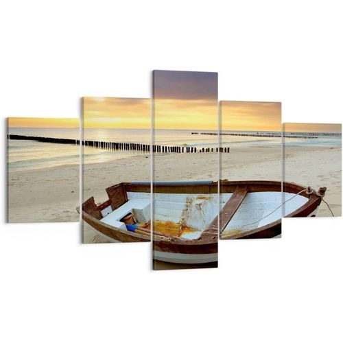 Moderne Impression sur Toile Plage bateau mer Baltique été Image Tableau Decoration Murale Deco Décoration Salon Chambre Triptyque 5 parties Tableaux Decoratif 200 x 100 cm. (sans cadre)