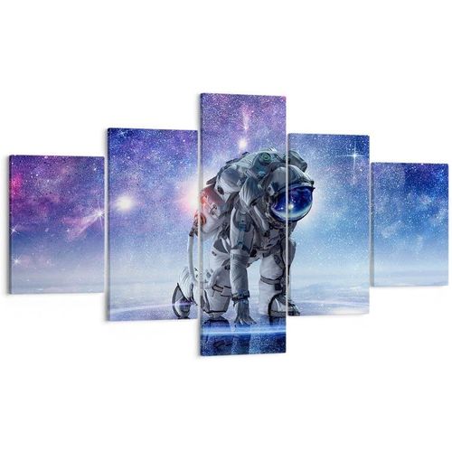 Moderne Impression sur Toile cosmonaute espace Image Tableau Decoration Murale Deco Cadre Décoration Salon Chambre Triptyque 5 parties Tableaux Decoratifs Mura 200 x 100 cm. (sans cadre)
