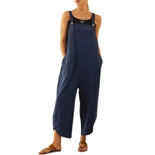 Pantalon à bretelles Long et ample pour femmes, combinaisons à jambes larges, barboteuse Baggy, salopette sarouel avec poches, grande taille, bleu foncé