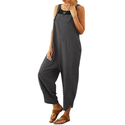 Pantalon a bretelles Long et ample pour femmes combinaisons a jambes larges barboteuse Baggy salopette sarouel avec poches grande taille 4xl gris