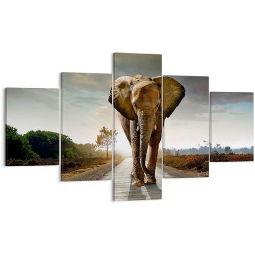 Moderne Impression sur Toile Elephant Route Campagne Image Tableau Decoration Murale Deco Cadre Décoration Salon Chambre Triptyque 5 parties Tableaux Decoratif 50 x 25 cm. (sans cadre)
