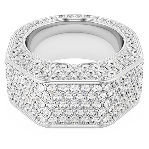 Bague Cocktail Dextera, Forme Octogonale, Pavé, Blanche, Métal Rhodié