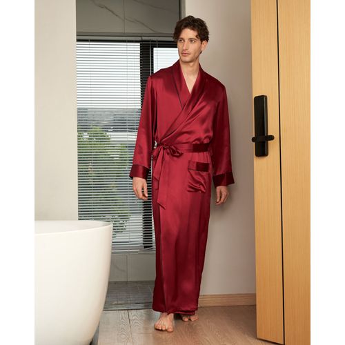 Lilysilk Robe De Chambre Soie Homme Rouge Vineux Col Rabattu, Poignets À Bandes 100% Soie Pure Léger Et Résistant Aux Rides Robe De Chambre Xs