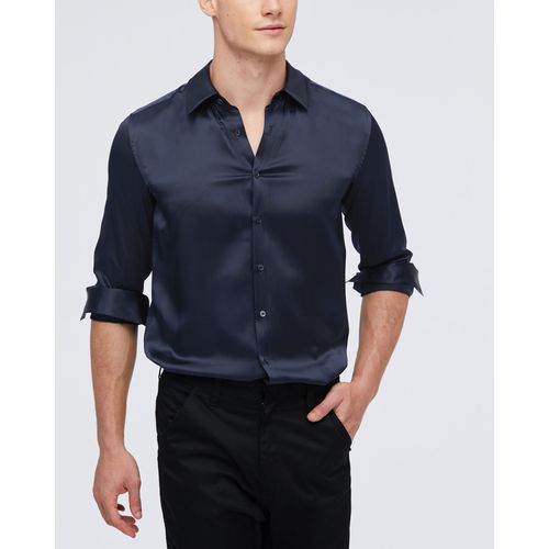 Lilysilk Chemise Homme En Soie Bleu Marine Fermeture Boutonnée, Manches Longues 100% Soie Naturelle Super Doux Chemise M