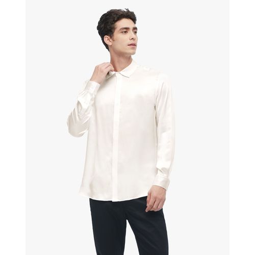 Lilysilk Chemise En Soie Pour Homme Blanc Naturel Design De Patte Dissimulée, Bouton En Nacre 100% Soie Naturelle Régulation De La Température S