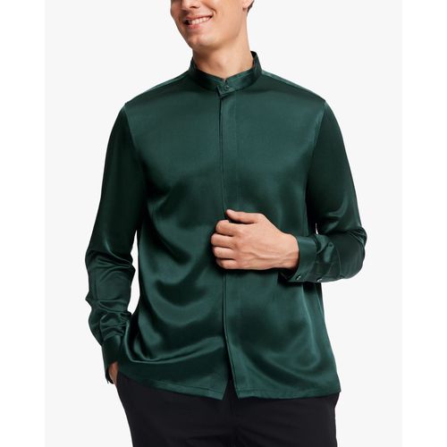 Lilysilk Chemises En Soie Pour Homme Vert Sapin Col Montant, Boutons Cachés 100% Soie Pure Léger Et Respirant Chemise M