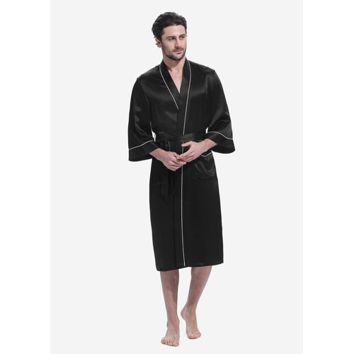 Robe De Chambre Homme En Soie Luxeux Col Kimono Noir L