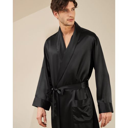 Robe Chambre Soie Homme Noir M 100% Pure Soie Lilysilk